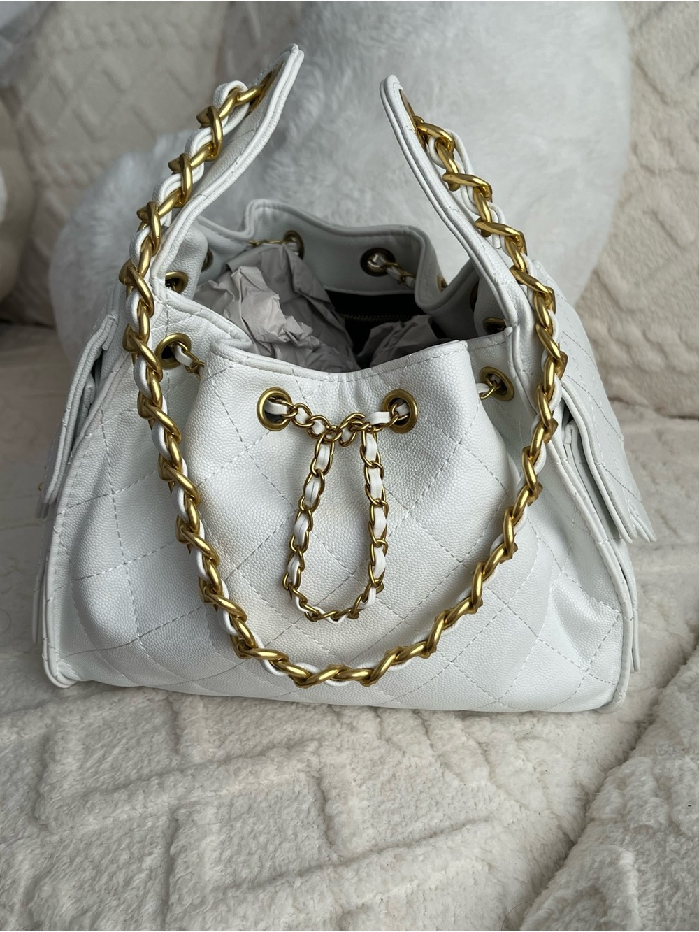 White Quilted Chain-Handle Drawstring Bag
